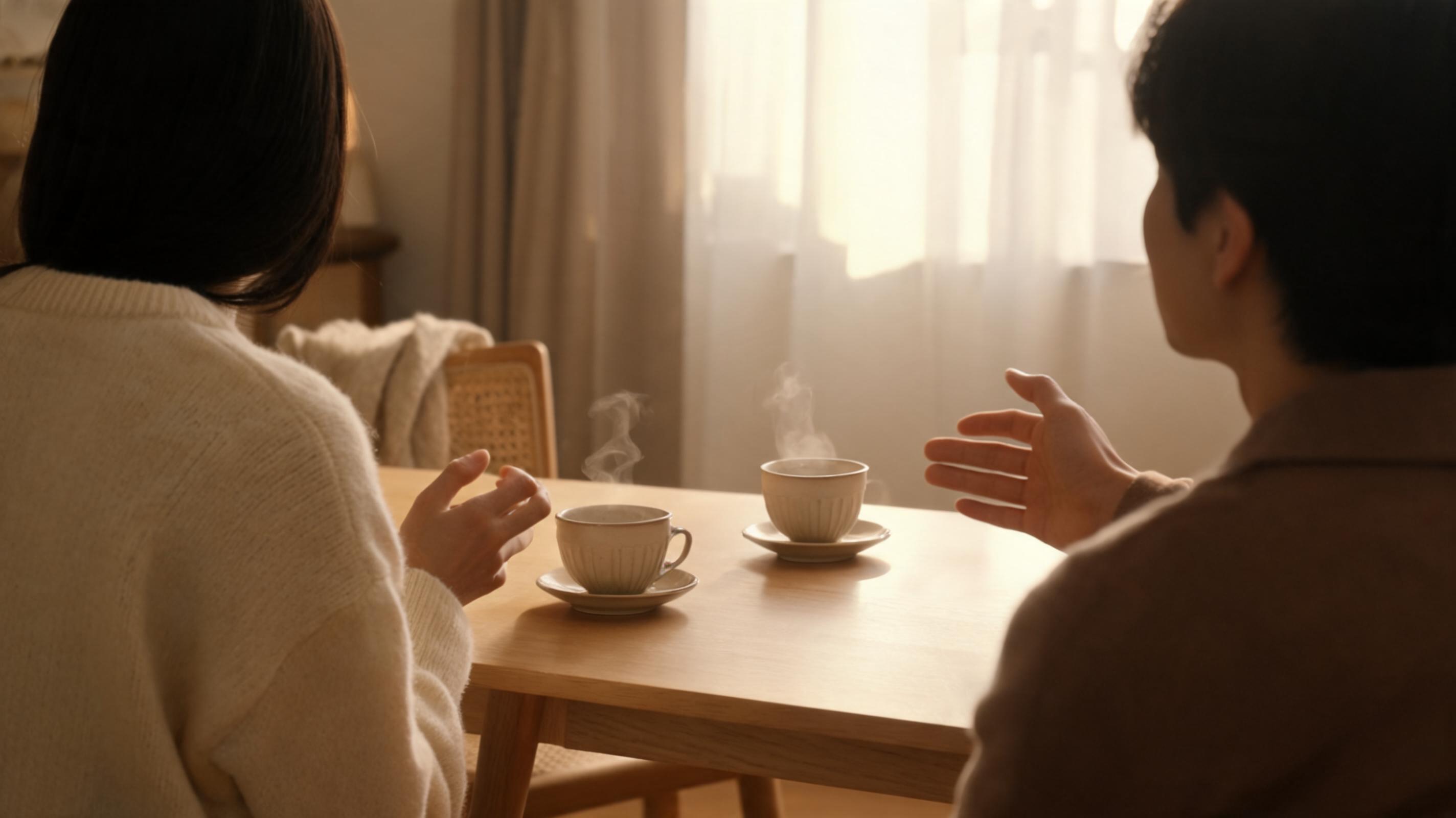 Two people talking across a warm wooden table