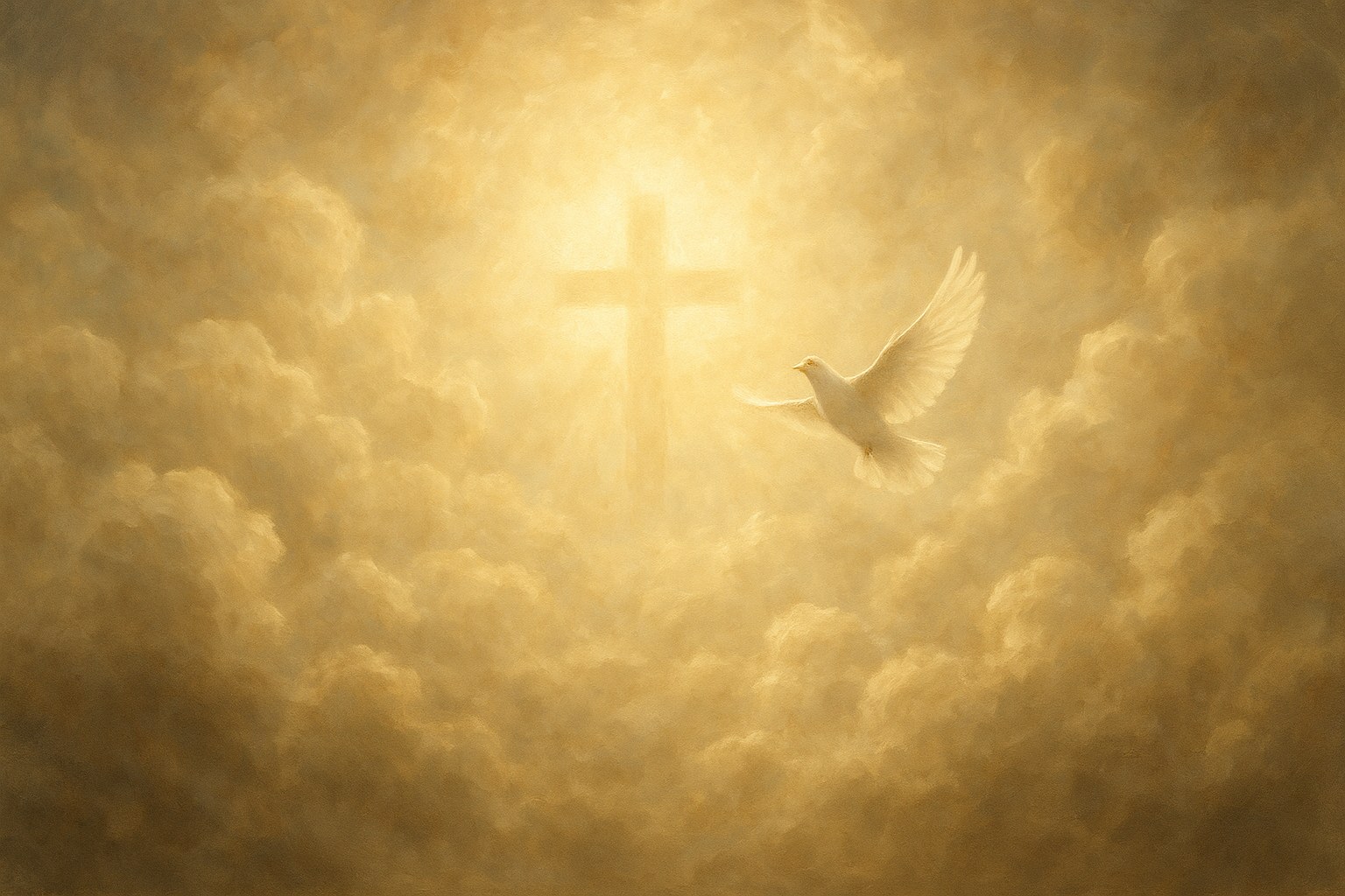 Golden clouds with a glowing cross and a white dove ascending